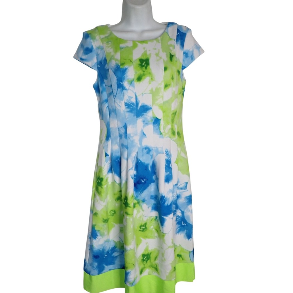 Sandra Darren Floral Print Dress Blue Green White Short sleeve Pleated Career 6